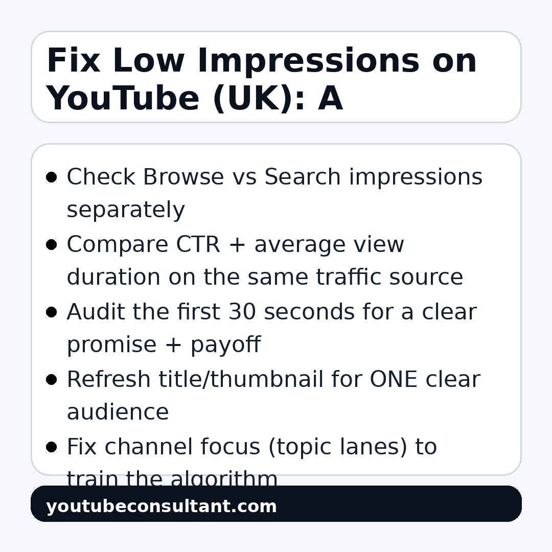 Infographic for Fix Low Impressions on YouTube (UK): A Practical 30‑Minute Diagnosis