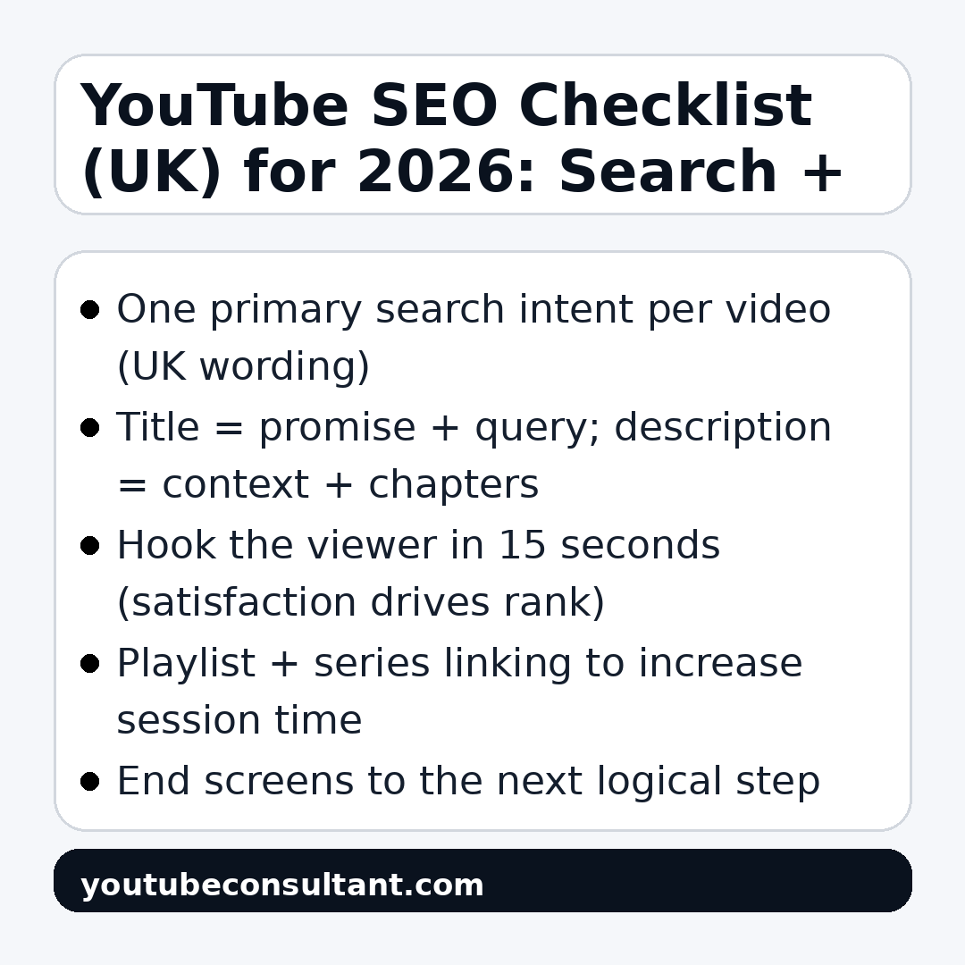 Infographic for YouTube SEO Checklist (UK) for 2026: Search + Suggested Together